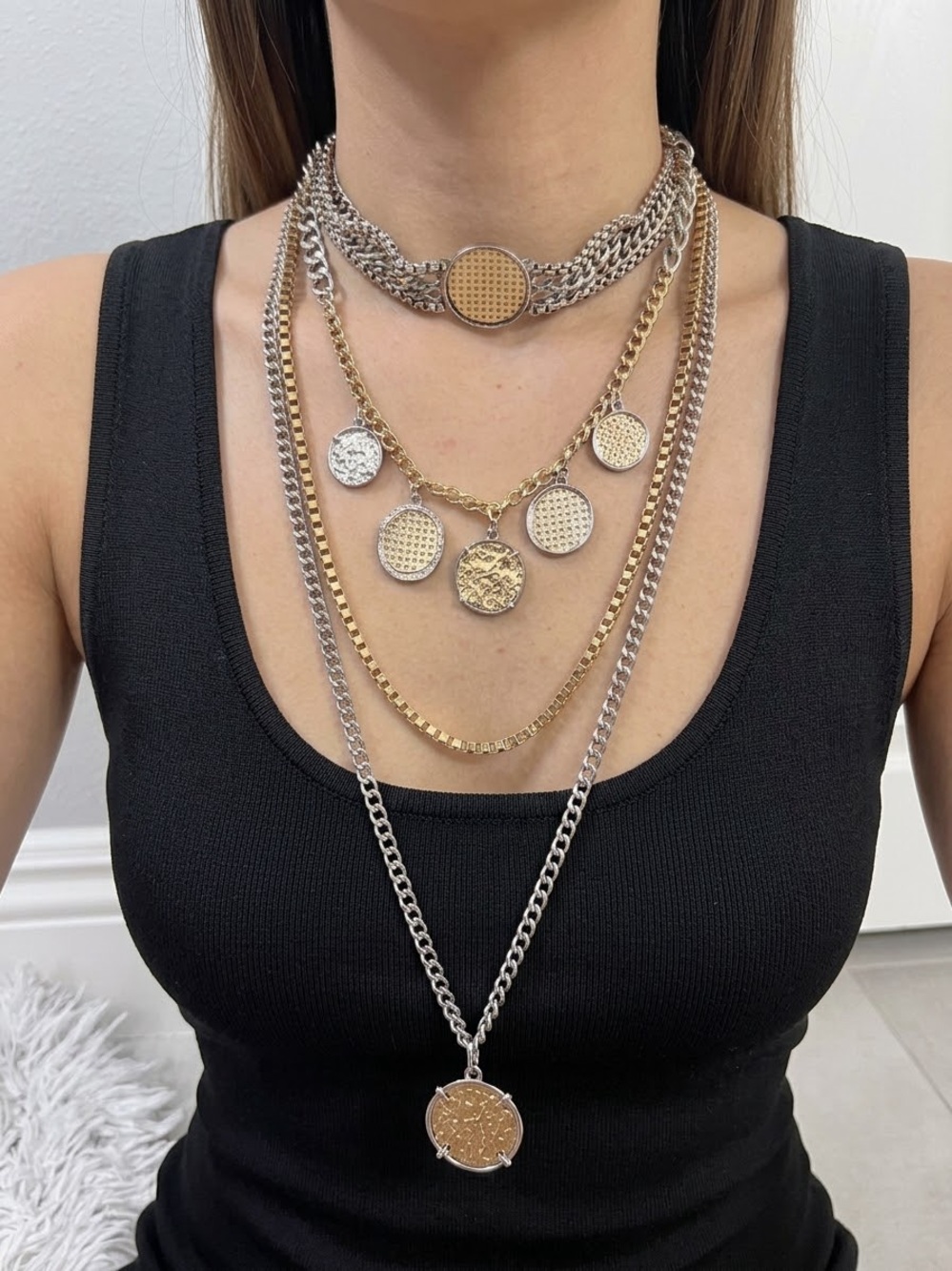 Vintage Style Mixed Metal Layered 4 Piece Necklace Set/Gold/Silver Coin Choker